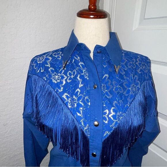 Vintage Lilia Smitty Lace Fringe Long Sleeve Button Front Shirt Blouse Top - Picture 2 of 11